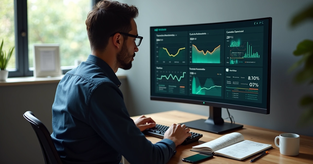 Gestor analisando painel com quatro indicadores de marketing digital em destaque 