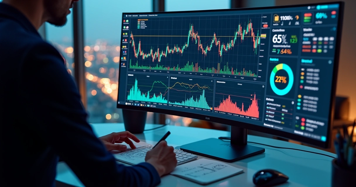 Gráficos matemáticos e probabilidades em tela digital representando previsão de eventos futuros 