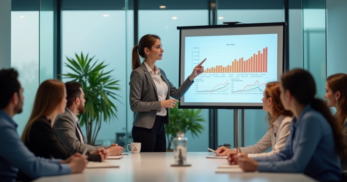 Mulher em sala de reunião conduzindo apresentação sobre maturidade emocional com gráficos em tela 