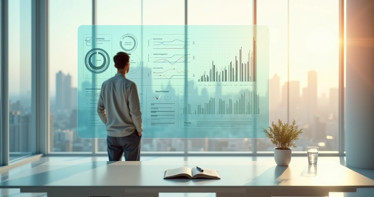 Pessoa observando painel transparente com indicadores emocionais em ambiente moderno 