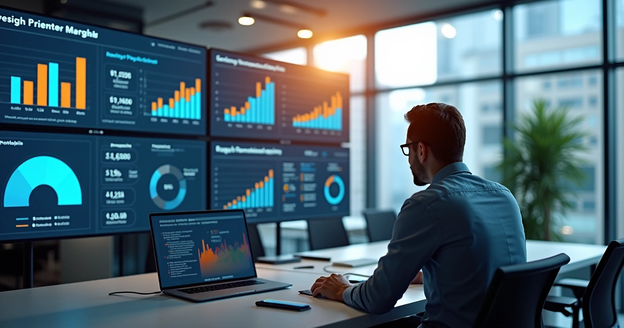 Gestor analisando KPIs em tela digital com gráficos e dados gerenciais 