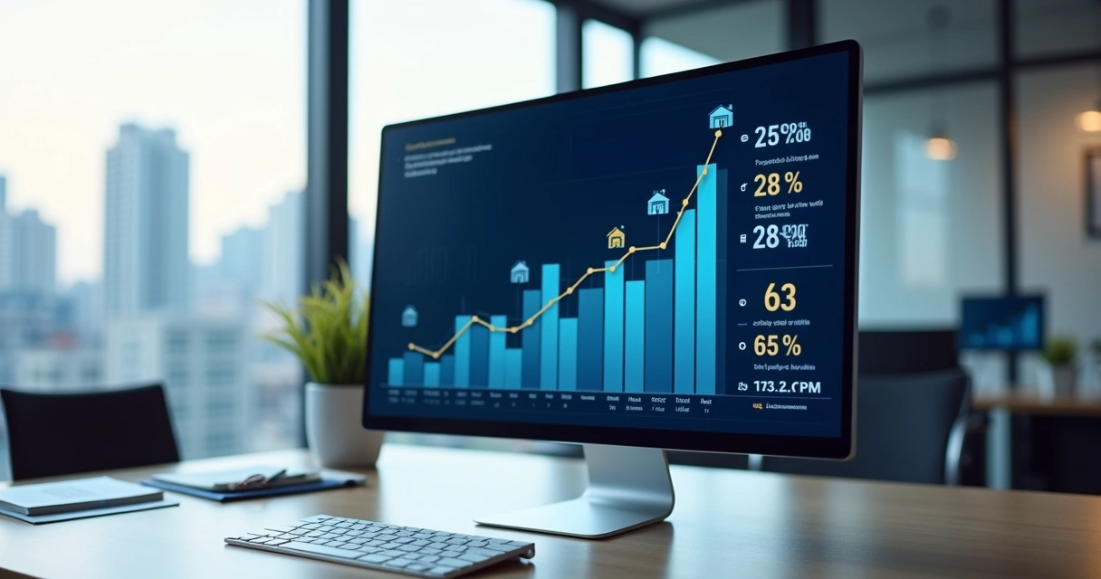 Gráfico de crescimento no mercado de imóveis, tela de computador 