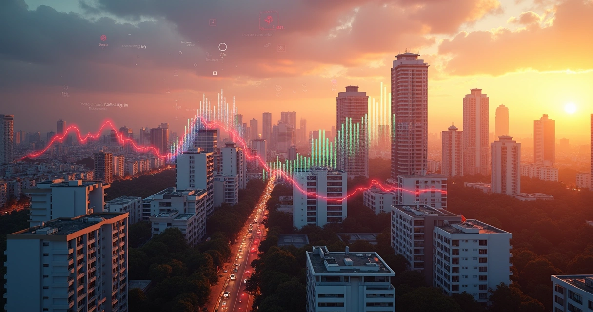 Cidade ao entardecer com prédios e gráficos econômicos luminosos no céu 
