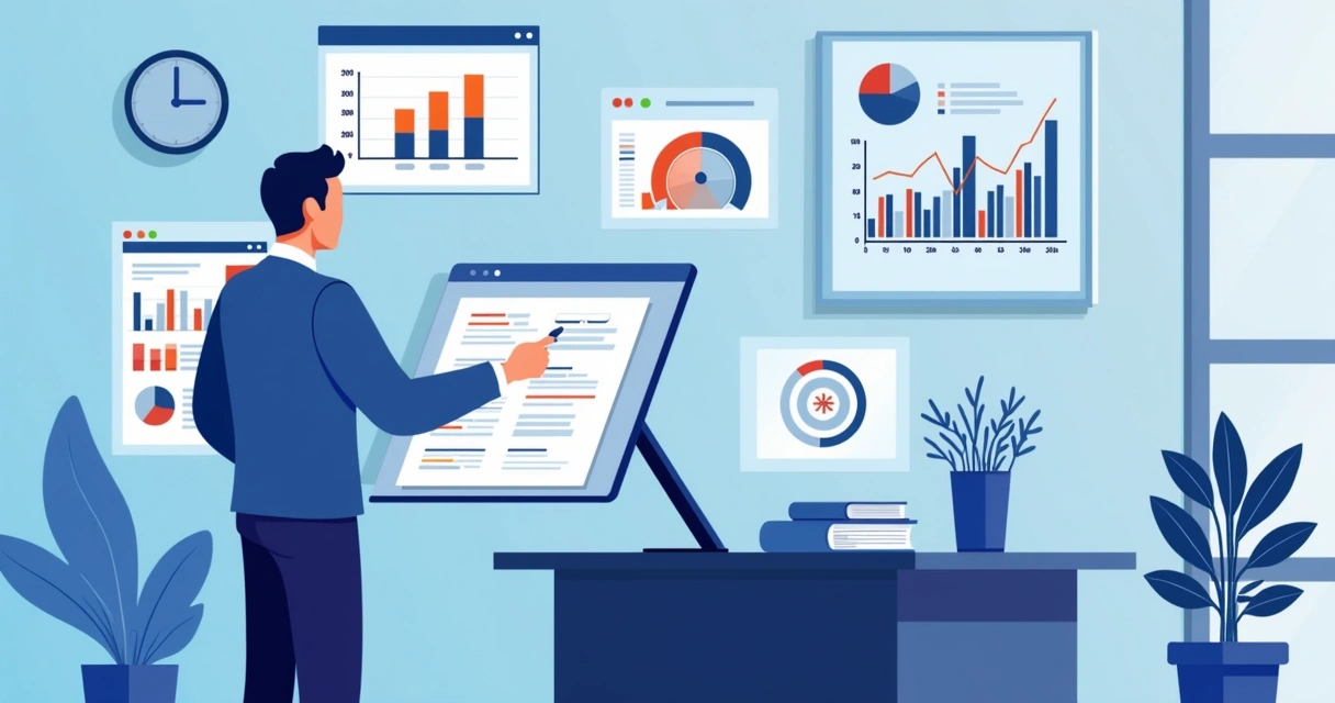 Gráfico digital de métricas contábeis e um profissional analisando o resultado 