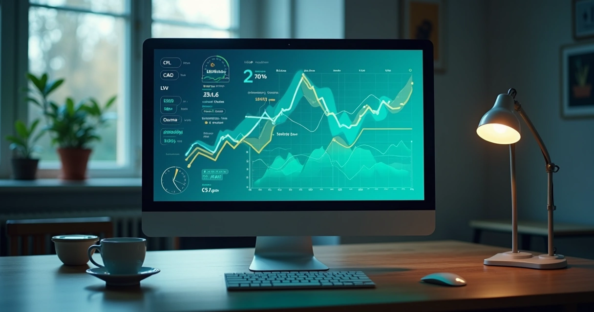 Ícones representando métricas como CPL, CAC e LTV conectados a uma tela de computador