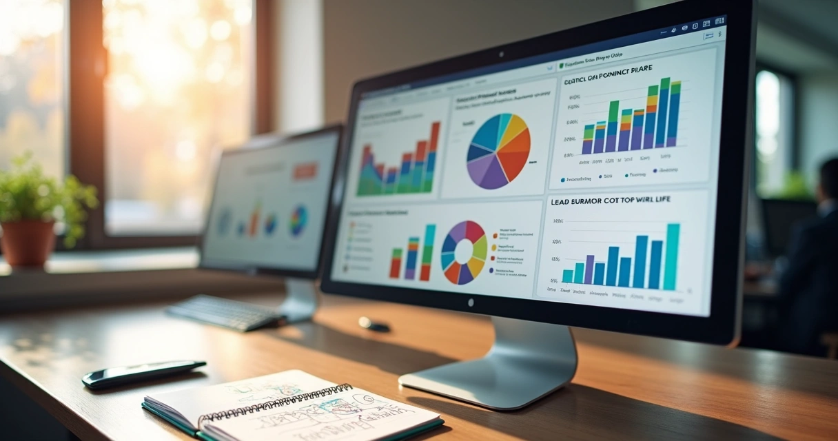 Gráficos de métricas de vendas e conversão em tela de computador 