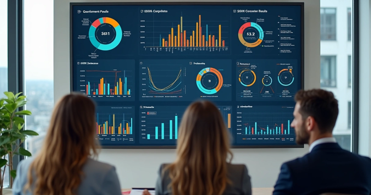 Painel digital com gráficos mostrando indicadores de políticas públicas