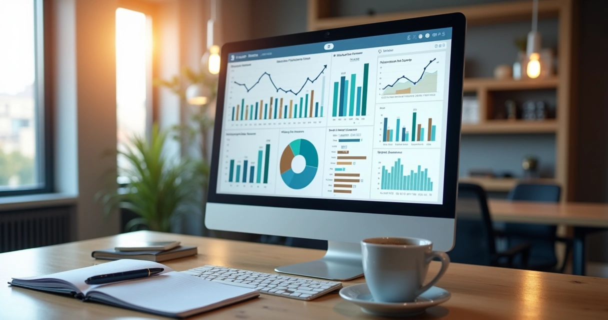 Indicadores gráficos de clientes apresentados em tela de computador de escritório