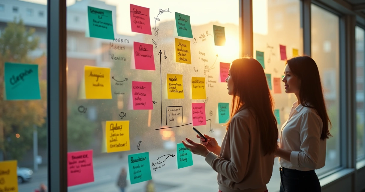 Indicadores de progresso alinhados lado a lado em uma parede de vidro