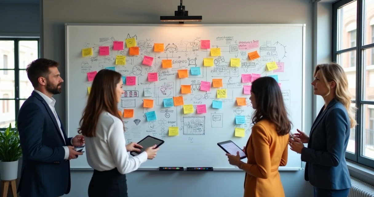 Quadro branco com post-its coloridos identificando indicadores de projetos 