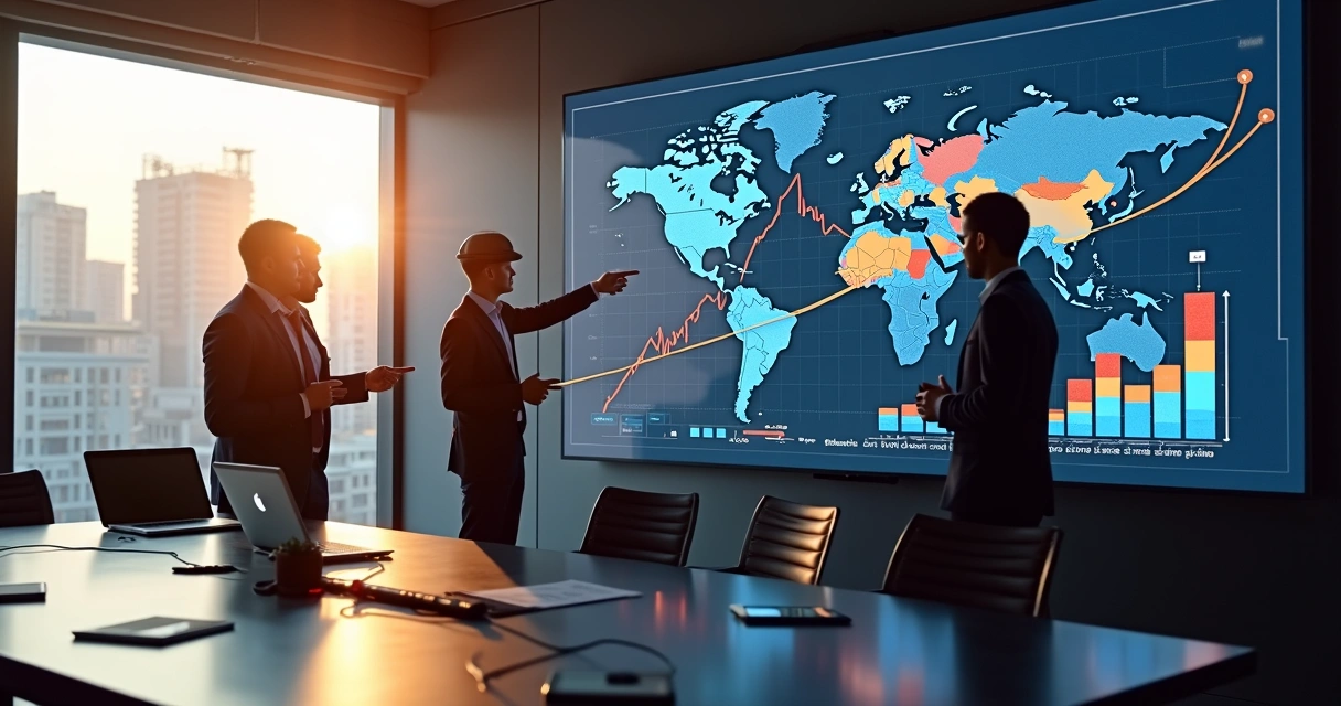 Painel com gráficos de indicadores de obras e equipe analisando 