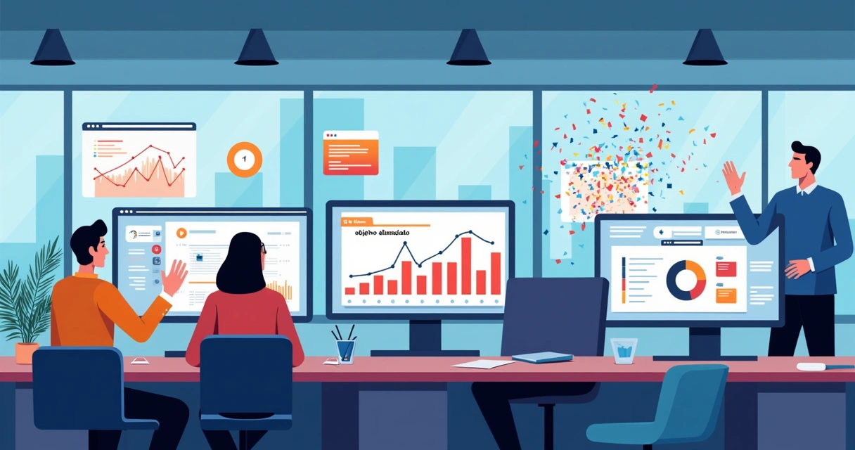 Indicadores de desempenho mostrando progresso em diversos monitores 
