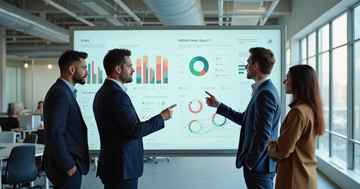 Equipe de PME analisando quadro branco com indicadores operacionais 