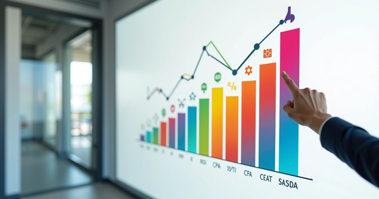 Gráfico de barras coloridas mostrando evolução de indicadores de marketing digital. 