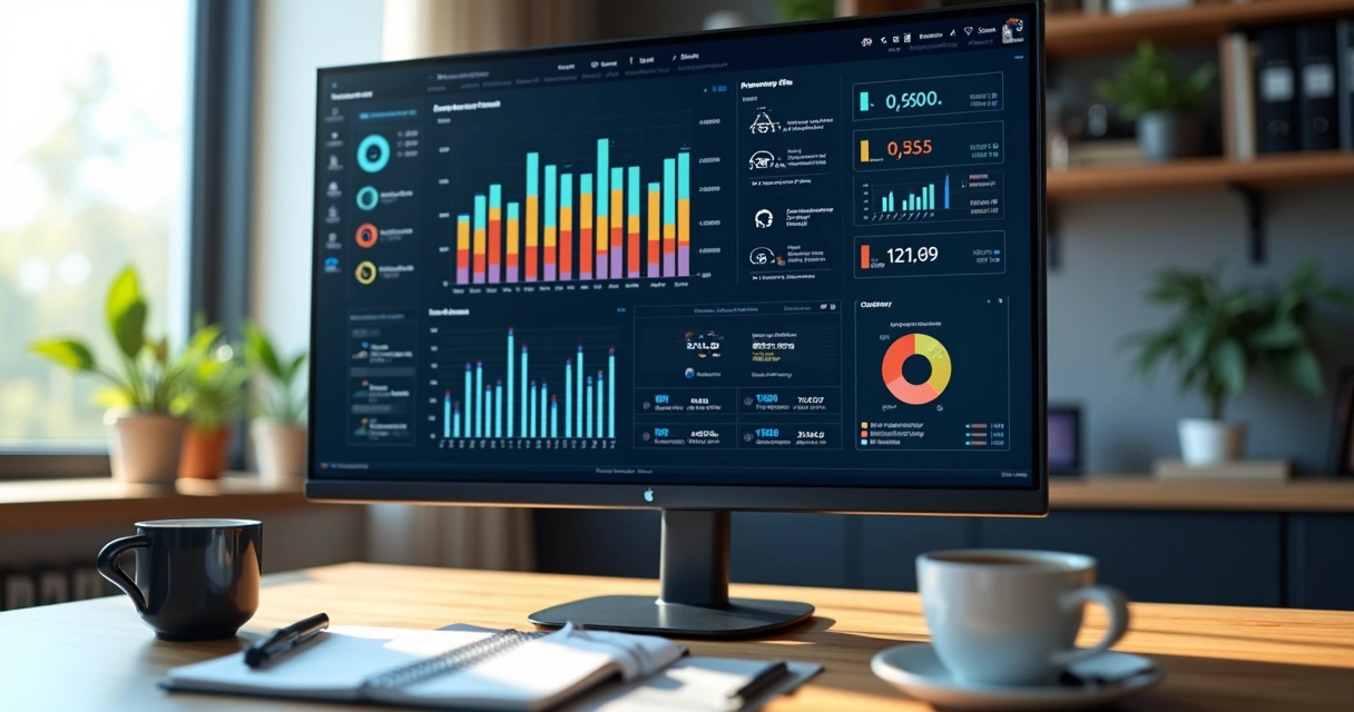 Tela de computador exibindo dashboards industriais com gráficos coloridos 
