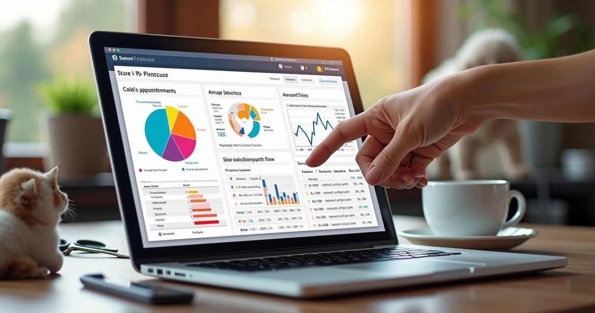 Planilha digital com indicadores de petshop e gráficos coloridos 