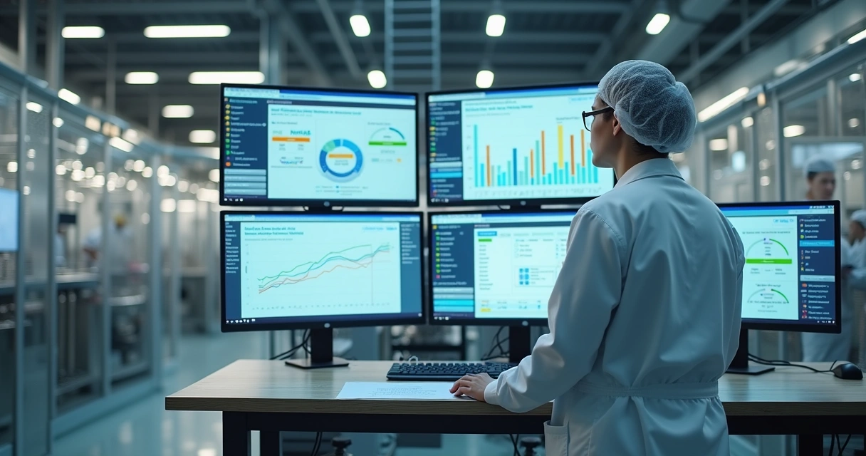 Gestor analisando indicadores de planos de ação em fábrica de alimentos 