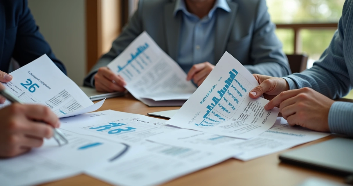 Mesa de reunião com empresários analisando três indicadores-chave em papéis e notebook 