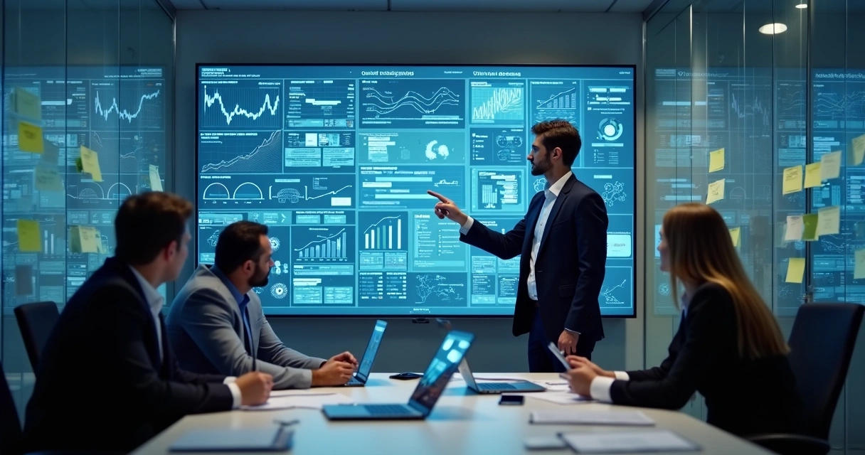 Reunião de equipe analisando indicadores de projetos em tela digital