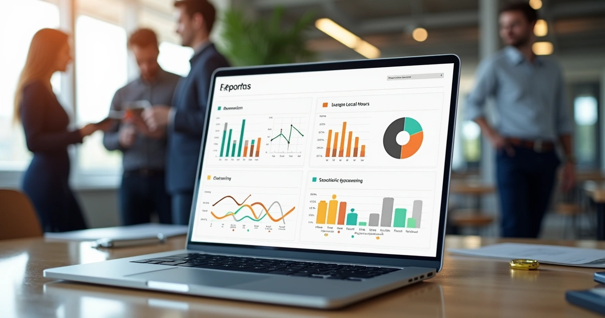 Relatório digital exibindo indicadores de ponto como absenteísmo e horas extras na tela de um notebook