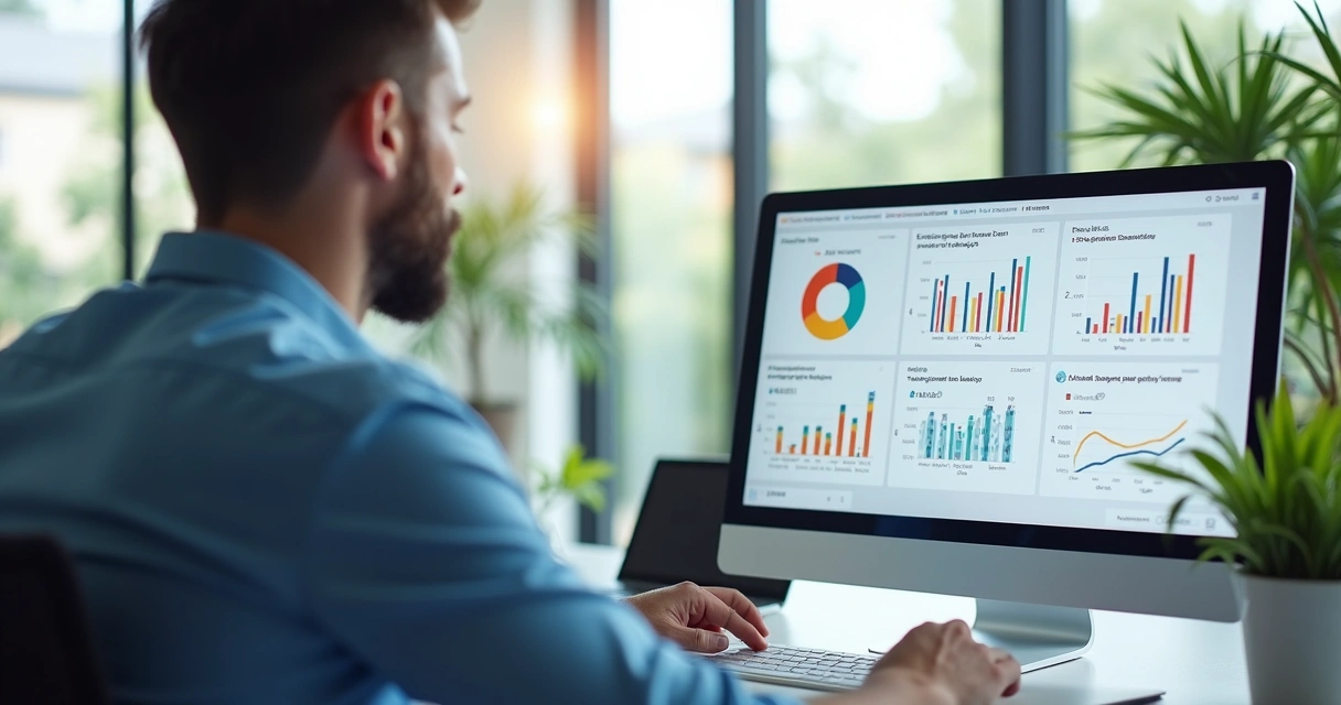 Gestor analisando gráfico com indicadores de desempenho de equipe no notebook 