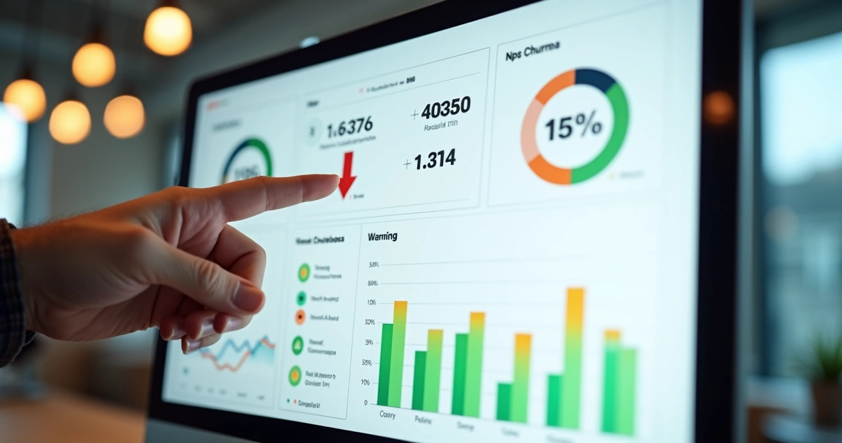 Dashboard digital exibindo índice de churn e indicadores de satisfação. 