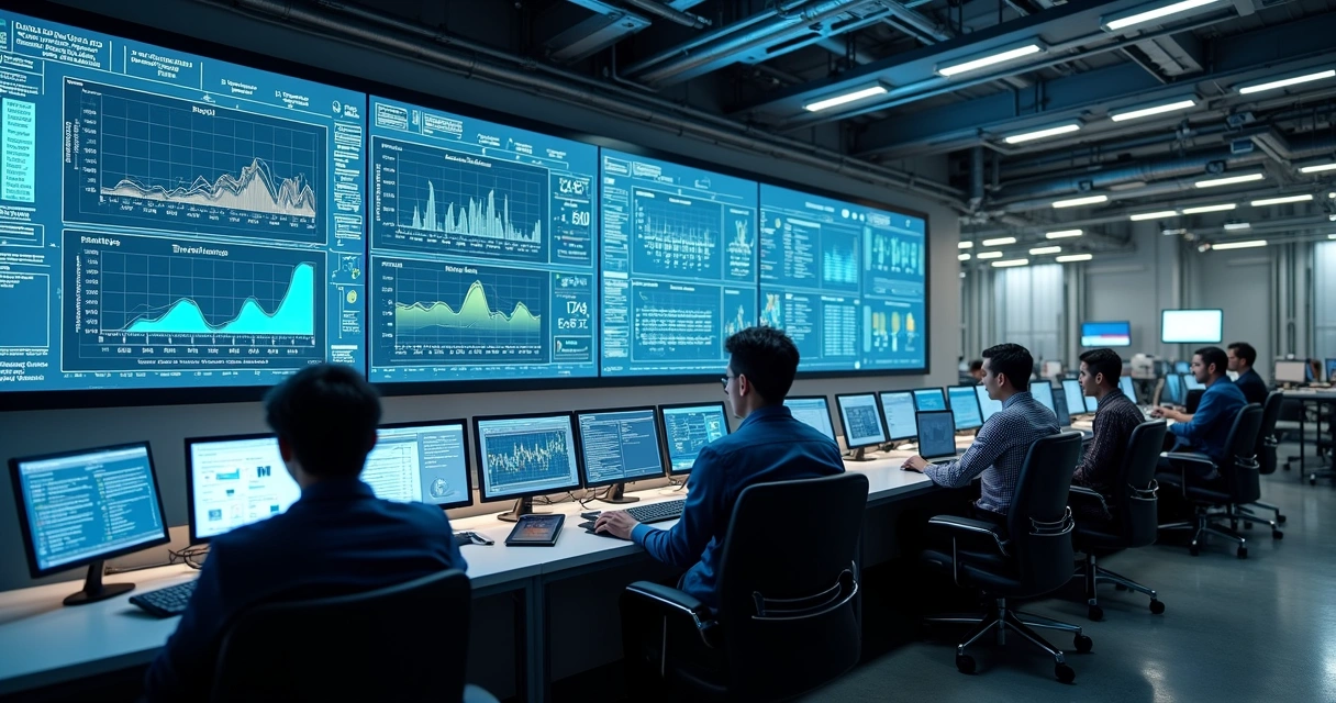 Monitores exibindo indicadores de desempenho de processos em ambiente industrial 
