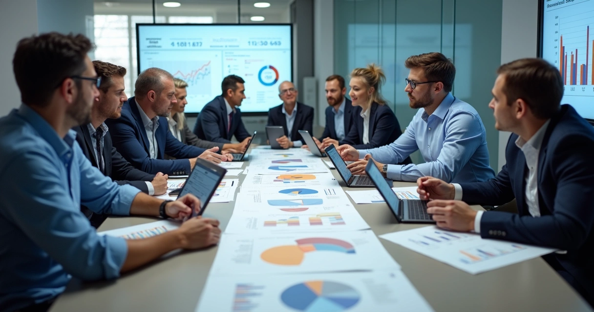 Equipe reunida analisando gráficos de produção 