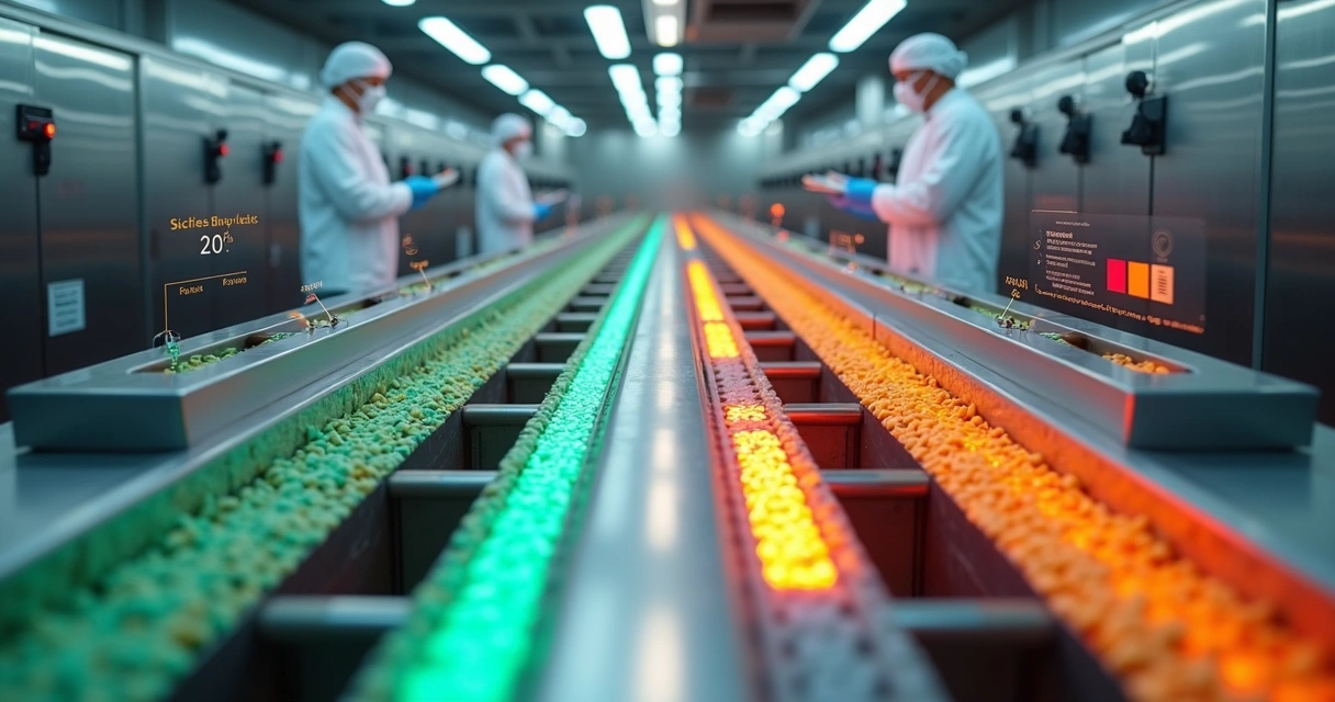 Vista aérea de fábrica de alimentos com fluxo de produção destacado em cores e gargalos em vermelho 