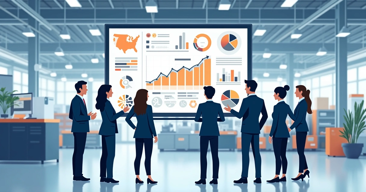 Equipe analisa indicadores de qualidade em tela digital na fábrica