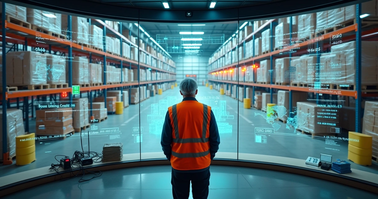 Gestor analisa painéis digitais com indicadores de recall ao lado de pallets de alimentos 