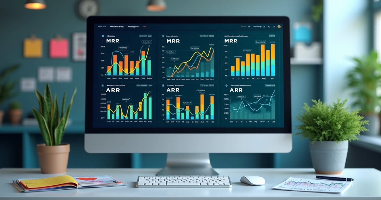 Painel gráfico com indicadores MRR e ARR em tela de computador. 