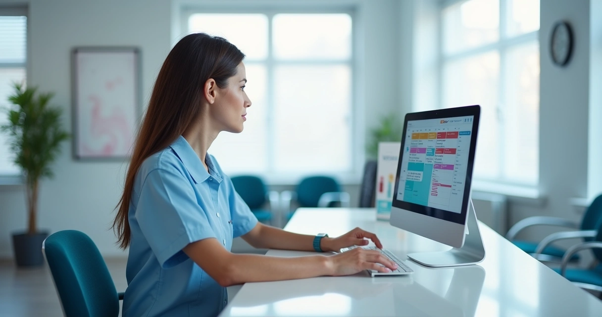 Recepcionista realizando controle de agenda em clínica odontológica 