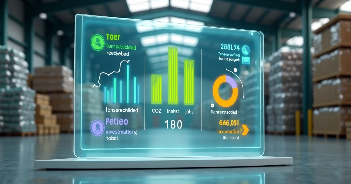 Painel de dados com indicadores de reciclagem lir e pilhas de materiais reciclados ao fundo 