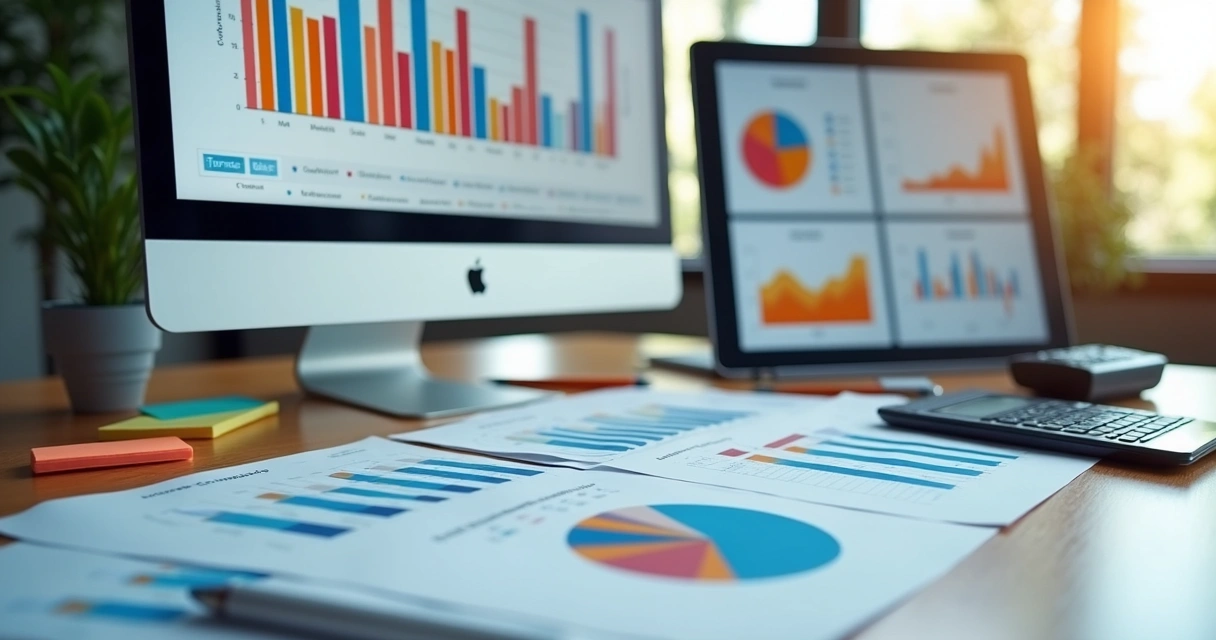 Gráficos financeiros coloridos em monitores e papéis sobre mesa de escritório 
