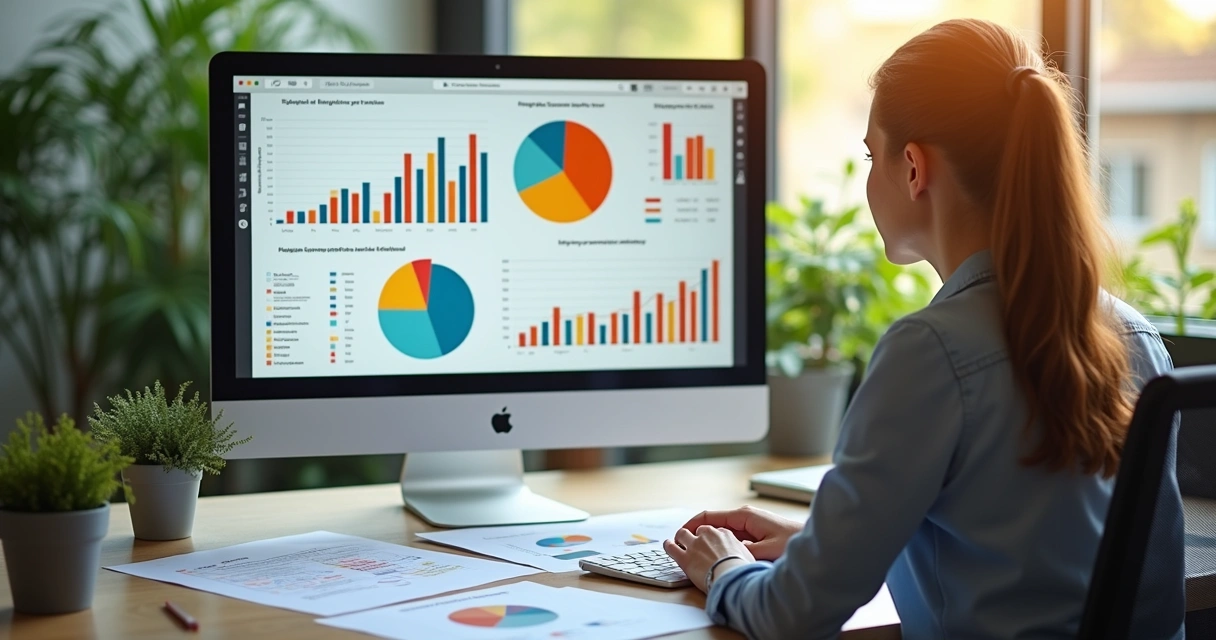 Gestor de RH analisando indicadores e relatórios em monitor na empresa