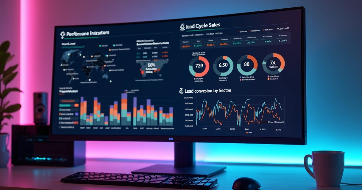 Tela de indicadores de desempenho B2B em grandes gráficos digitais 