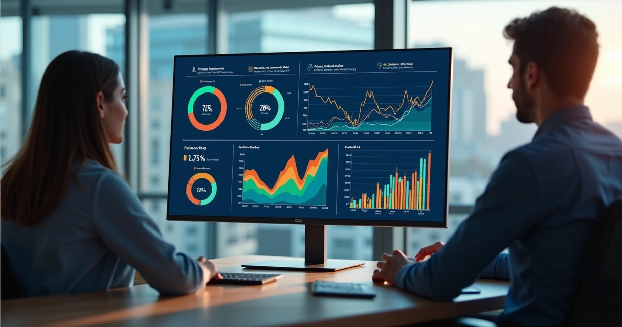 Painel de indicadores apresentado em ambiente empresarial 