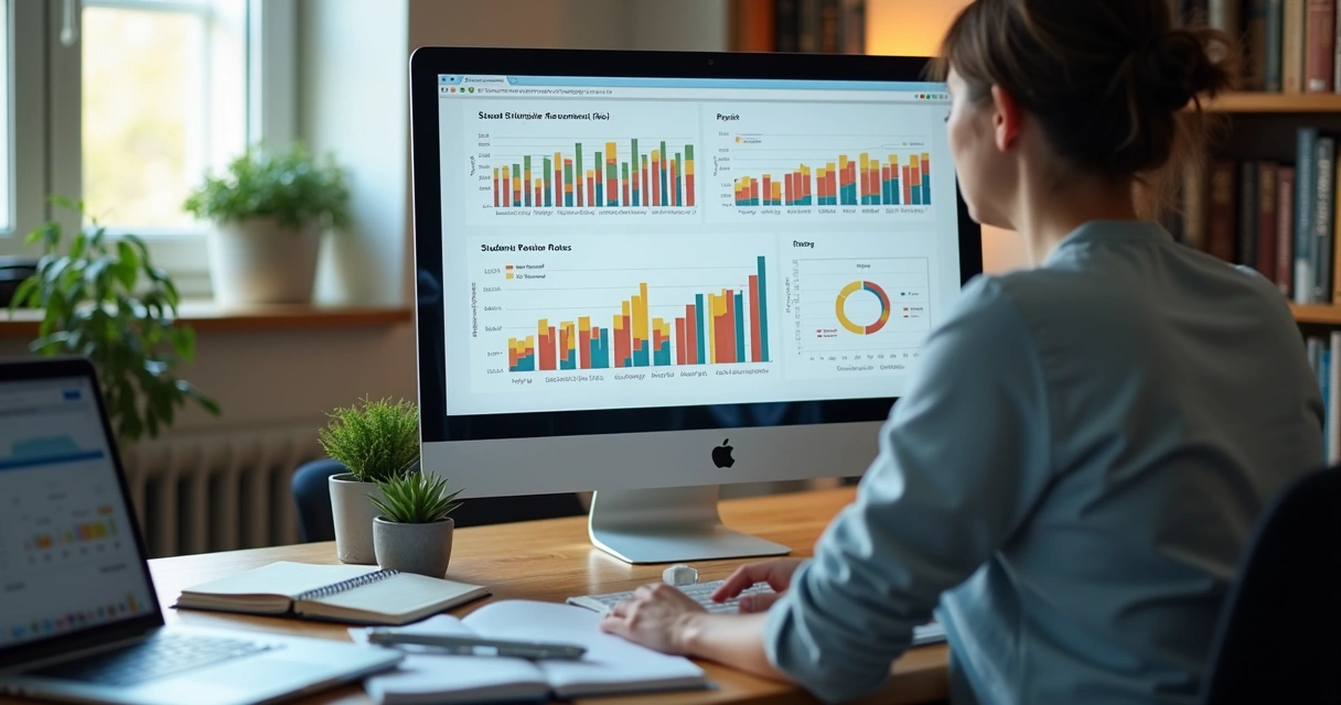 Gráficos de taxa de retenção de alunos em tela de computador. 