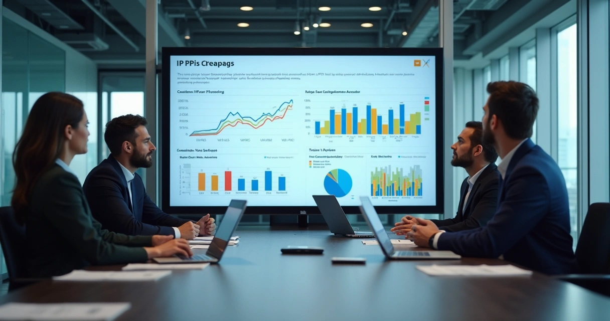 Profissionais de RH analisando dashboards de KPIs e resultados de treinamento em uma sala de reunião 
