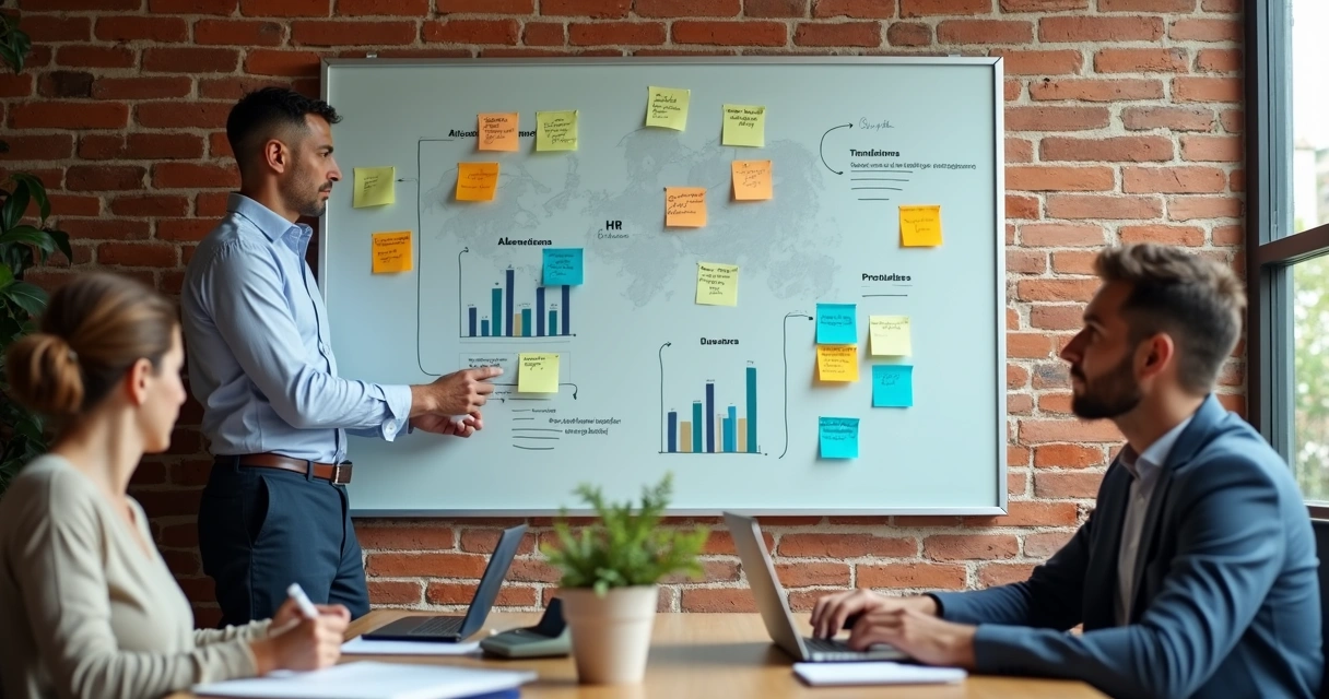 Parede de pequena empresa com quadro grande exibindo indicadores de RH destacados em um café-escritório 