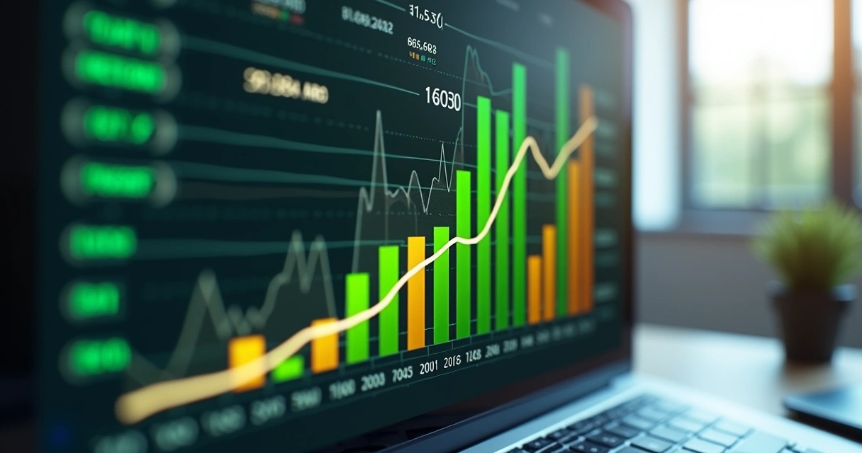 Painel digital com indicadores de ROI, gráficos de barras subindo e números de desempenho em destaque 