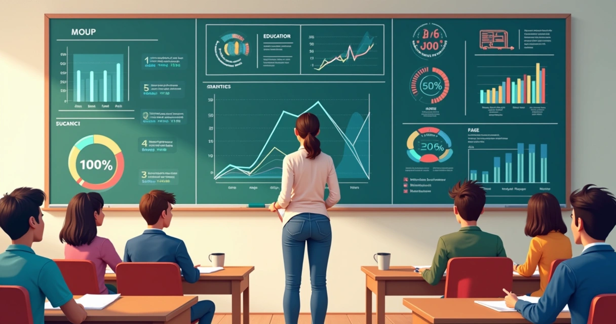 Alunos em sala de aula com painéis de dados ao fundo
