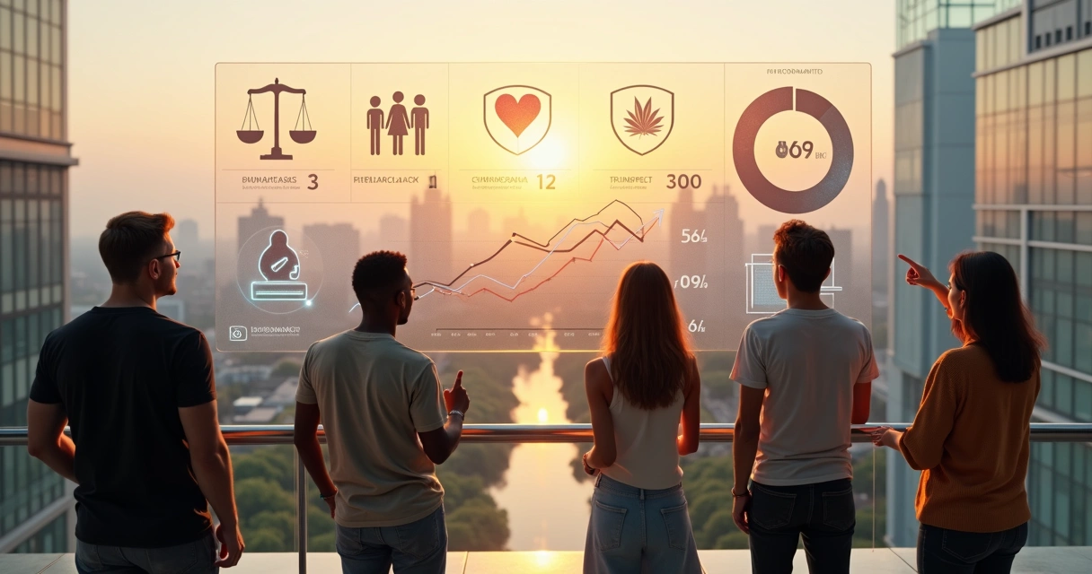 Personas diversas observan un panel digital con indicadores de bienestar y sostenibilidad 