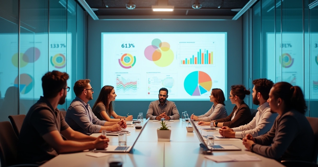 Equipe reunida analisando gráficos de satisfação em uma sala de reuniões 