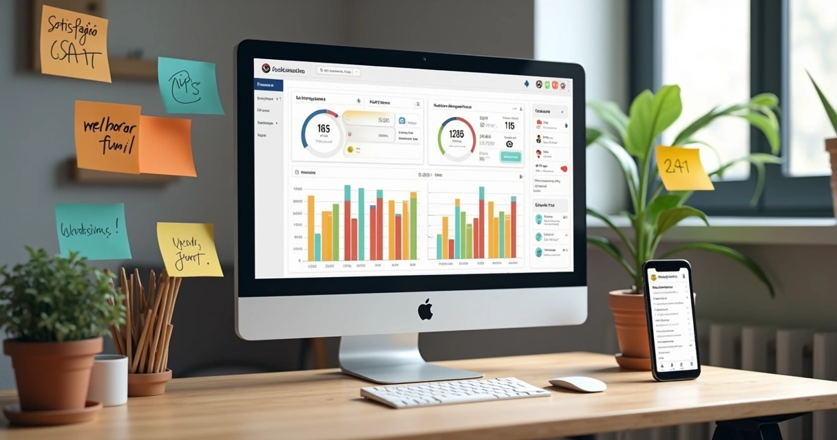 Dashboard mostrando gráficos de NPS, CSAT e comentários de clientes 