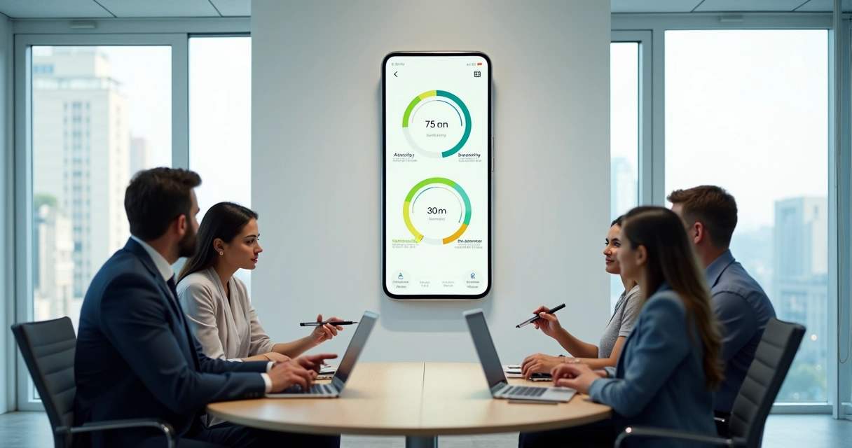 Tela gigante de smartphone exibindo métricas de grupo do WhatsApp em painel circular 