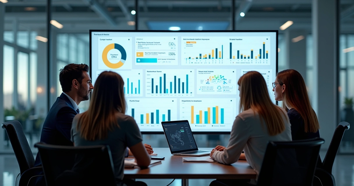 Equipe avaliando indicadores de saúde mental da empresa em tela digital. 