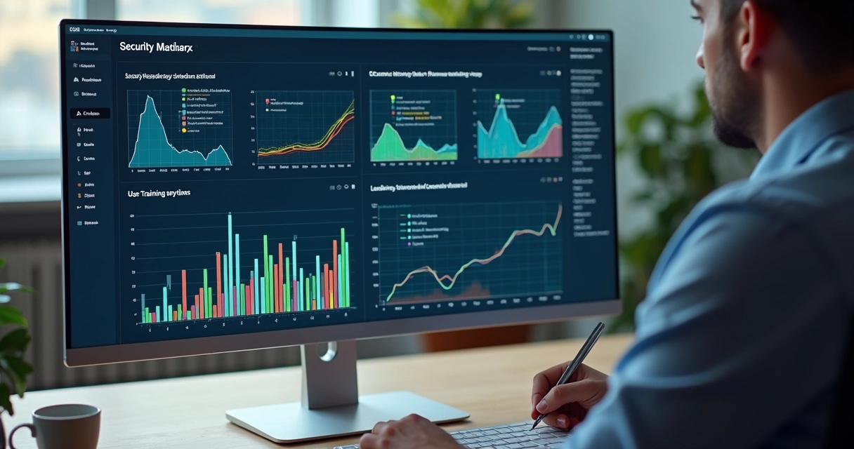 Gráfico de indicadores de segurança da informação em monitor digital 