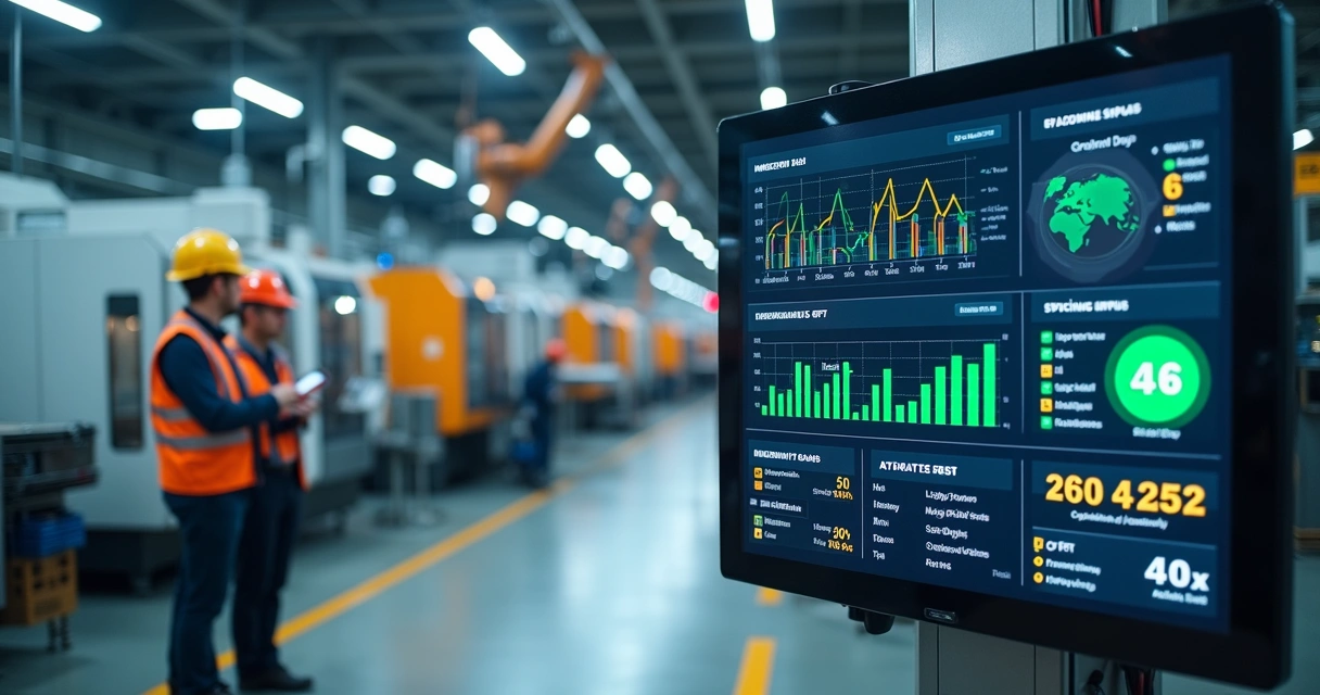 Quadro digital em fábrica exibindo indicadores de segurança de máquinas 